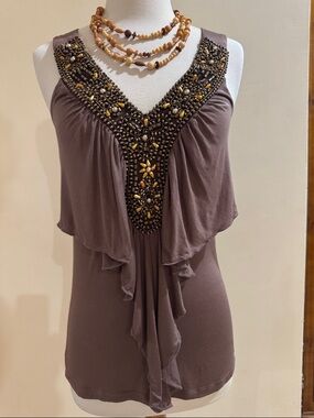 VENUS Taupe Beaded Ruffle V-Neck Tank Top